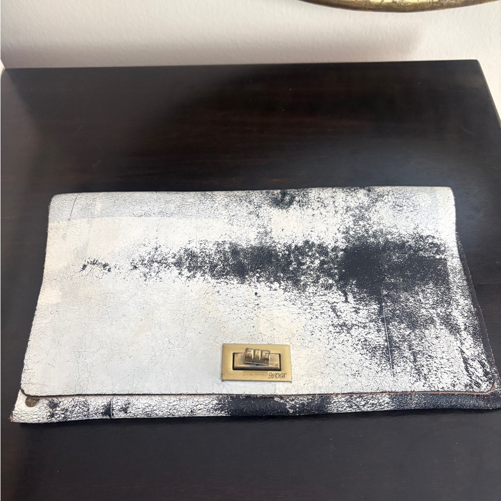 Black and White Leather Clutch with Gold Clasp Hand Made